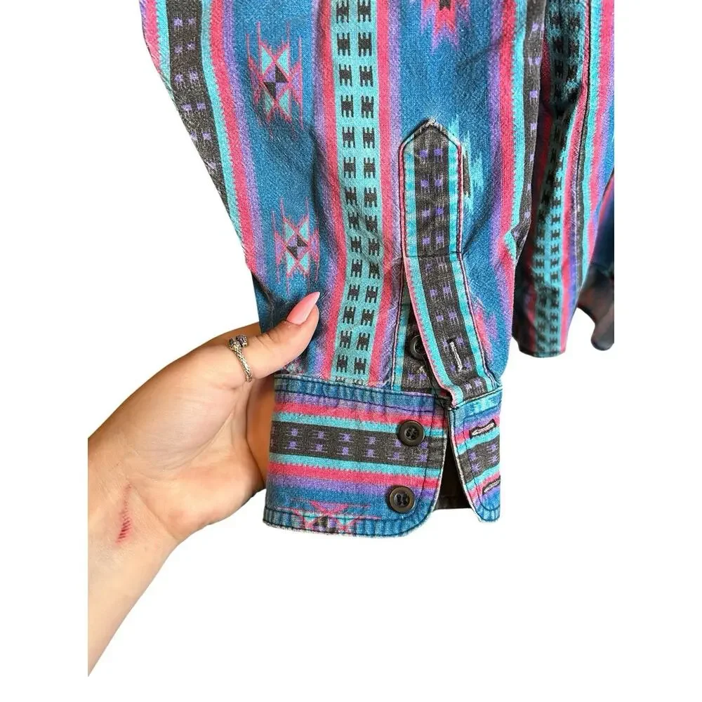 Vintage 90s Distressed Aztec Western Button Up Shirt Cowboy Embroidered XL - Picture 4 of 8